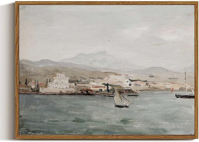 VIYYIEA Ocean Framed Wall Art, View of the Port Vintage Art Decor Room Aesthetic, 12x16 Inch Canvas Print Artwork, Sea Landscape Painting Wall Decor for Bedroom Bathroom Office