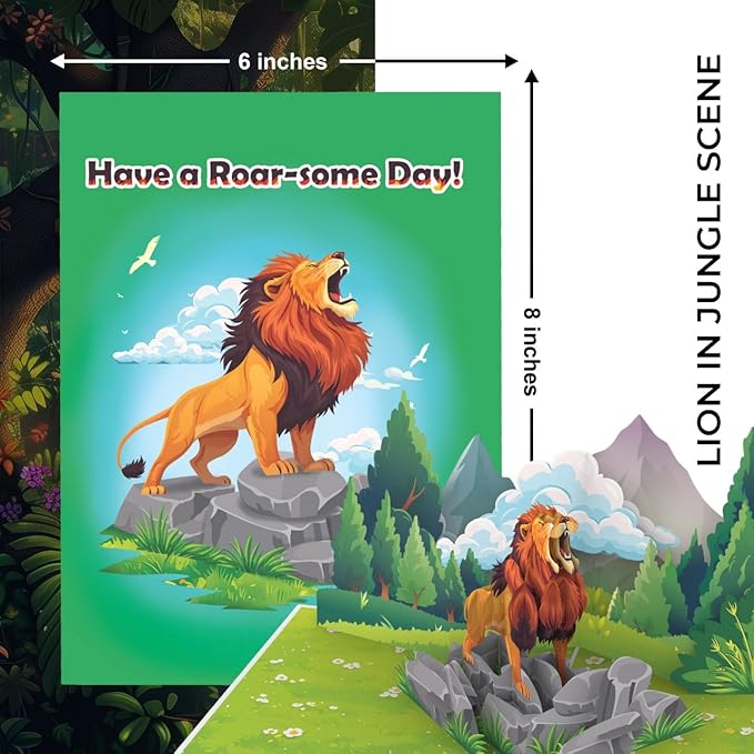iGifts And Cards Roar-some 3D Pop-Up Lion Card – Majestic Safari Jungle Scene | Fierce Fun Wildlife Greeting for Birthdays Graduations Thank You Encouragement Animal Lovers 6x8 with Notecard