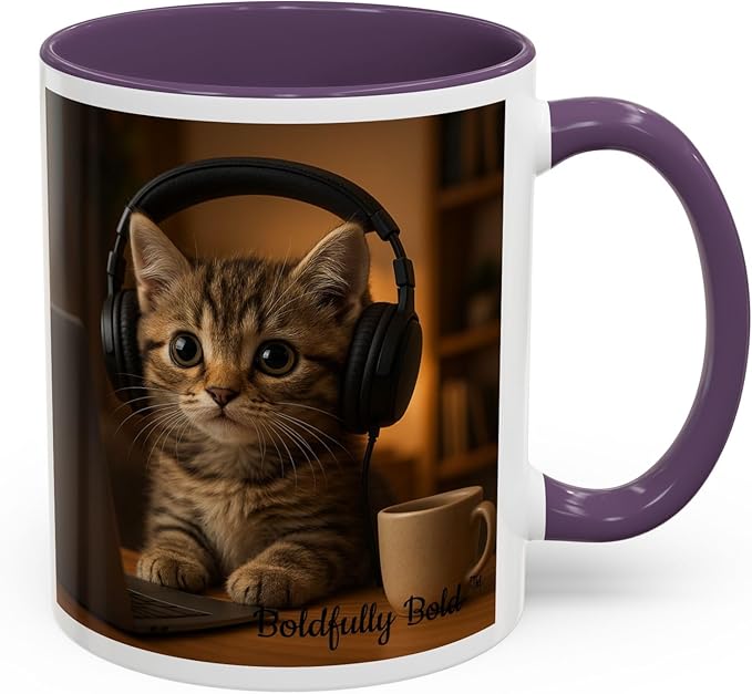 Adorable Cat Coffee Mug, Cute Kitten with Earphones, Pet Lover Gift, Tea Cup, Animal Lover Mug, Coffee Cup