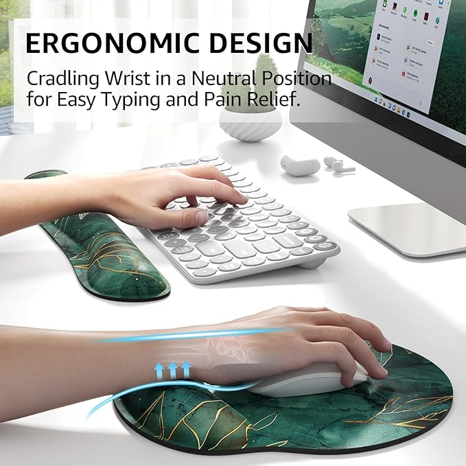 KTRIO Ergonomic Keyboard Wrist Rest, Memory Foam Mouse Pad with Wrist Rest for Computer Keyboard, Mouse Pad Set for Easy Typing & Pain Relief for Office & Home, Green Leaves