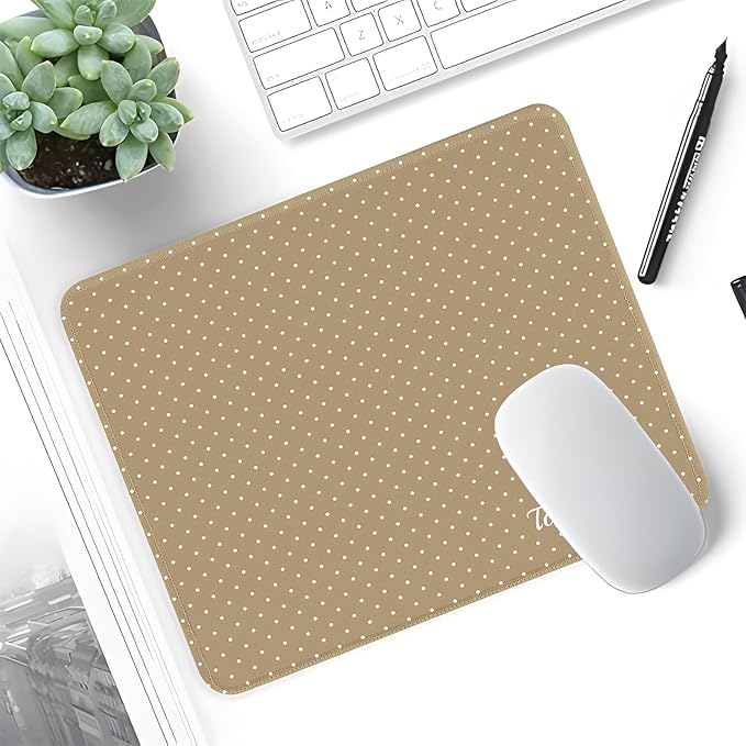 Seorsok Brown Mouse Mat,White Polka Dot Pattern,Premium Textured Mouse Pads for Office Laptop,Washable Cute Square Mousepads with Extended Stitched Edges Non Slip Rubber Base 9.5"x7.8"x0.12"Inch