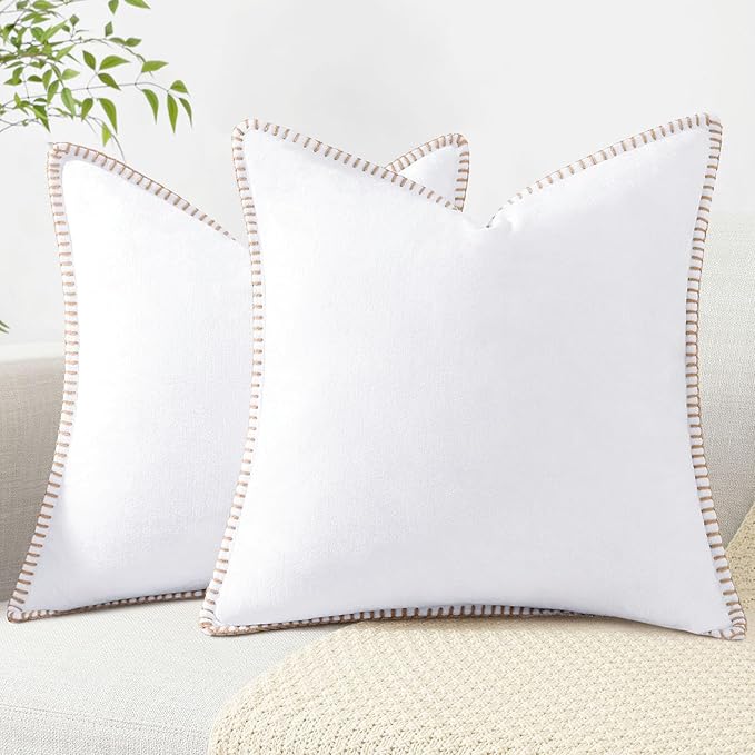 decorUhome Spring Chenille Soft Throw Pillow Covers 18x18 Set of 2, Farmhouse Velvet Neutral Decorative Pillow Covers with Stitched Edge for Couch Sofa Bed Home Decor, White
