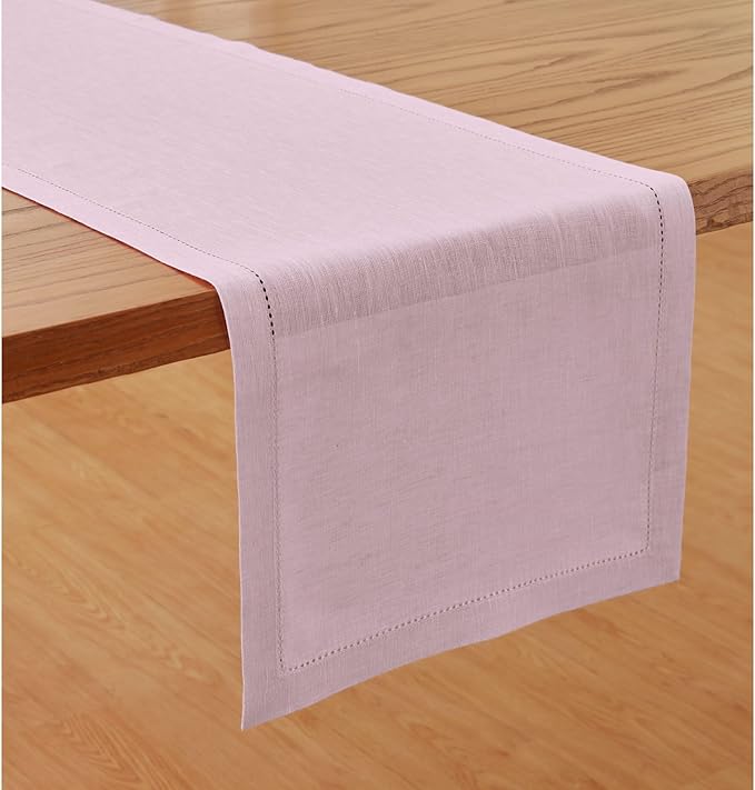 Solino Home Linen Table Runner 72 Inches Long - Milan Hemstitch 100% Pure Linen Bubblegum Pink Dining Table Runner 14 x 72 Inch for Valentines, Spring, Easter