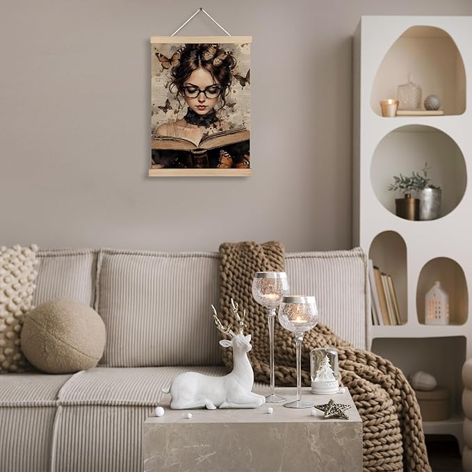 Vintage Butterfly Woman Book Canvas Wall Art Poster, Reading Nook Corner Decor, Dark Academia Feminine Wall Decor Prints for Library Reading Room Classroom Home, 12x16 Inches
