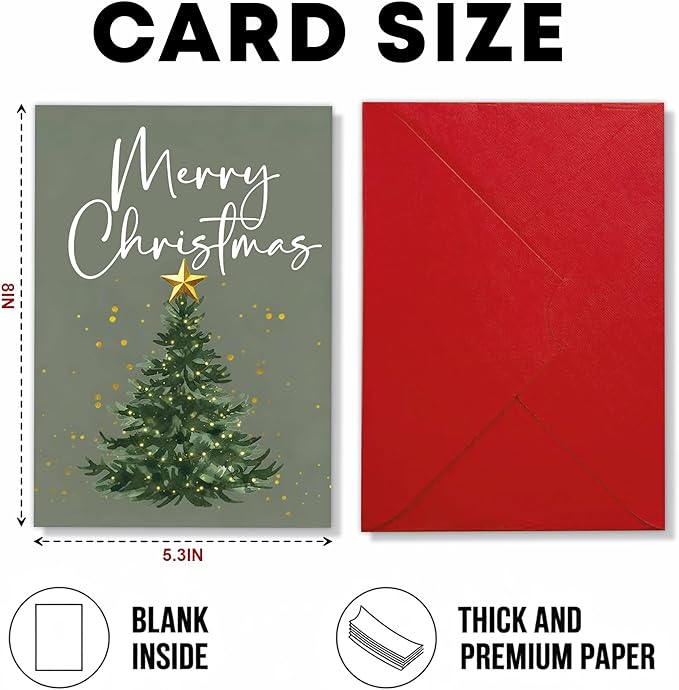 (5.3x8in) Merry Christmas Card with Envelope, Elegant Minimalist Holiday Tree Design with Golden Star, Simple Classic Christmas Greeting Card for Family, Friends, and Coworkers (Xmas 26)