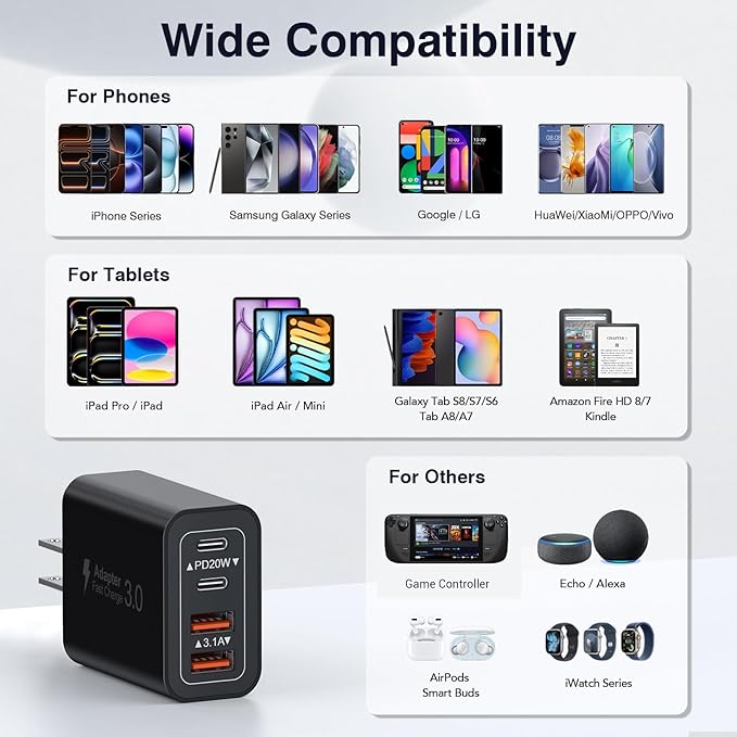 [2 Pack/40W] 4-Port USB C Wall Charger Block, Fast Type C Power Brick Charging Cube Power Delivery Wall Plug for iPhone 17/1615/14/13/12/14 Pro/13 Pro, Huawei, Xiaomi, Oneplus, Galaxy(Black)