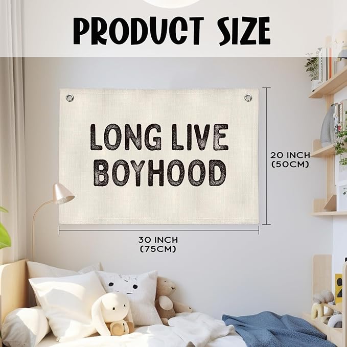 Long Live Boyhood Banner, Boys Room Decor, Vintage Linen Banner Wall Hanging Flag Decor for Toddler Boy Room Nursery Playroom