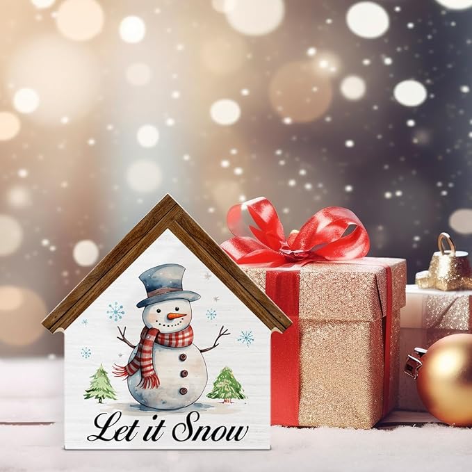 Let It Snow Sign, Christmas Snowman Decor, Winter Snowman House Shaped Wooden Sign， Christmas Home Decor for Desk Table Shelf