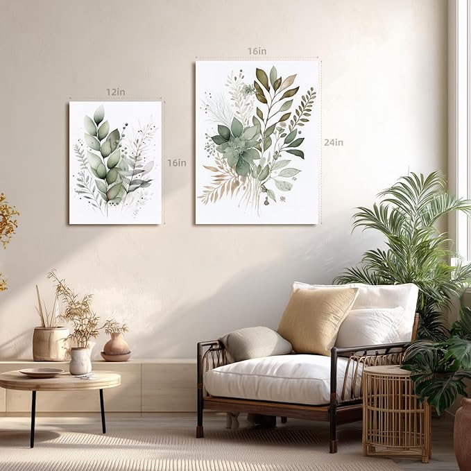 LLEEMPI Framed Sage Green Wall Art Set of 3, Modern Watercolor Botanical Wall Decor, Eucalyptus Leaf Canvas Painting, Classic Minimalist Florals Poster Print for Bedroom Bathroom Office 12x16 Inch
