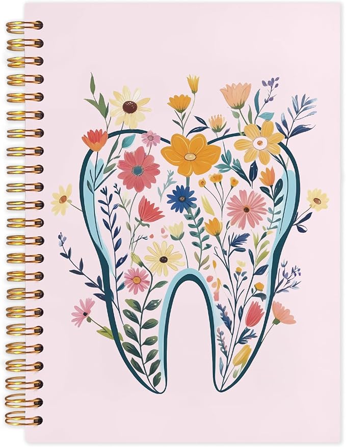 WUCHJ Dentist Gifts Notebook Journal, Dental Assistant Office Gifts for Women, Pink Floral Tooth Dental Spiral Notebook Journal for Note Taking, Dentist Office Supplies, 5.5x8.3 Inch