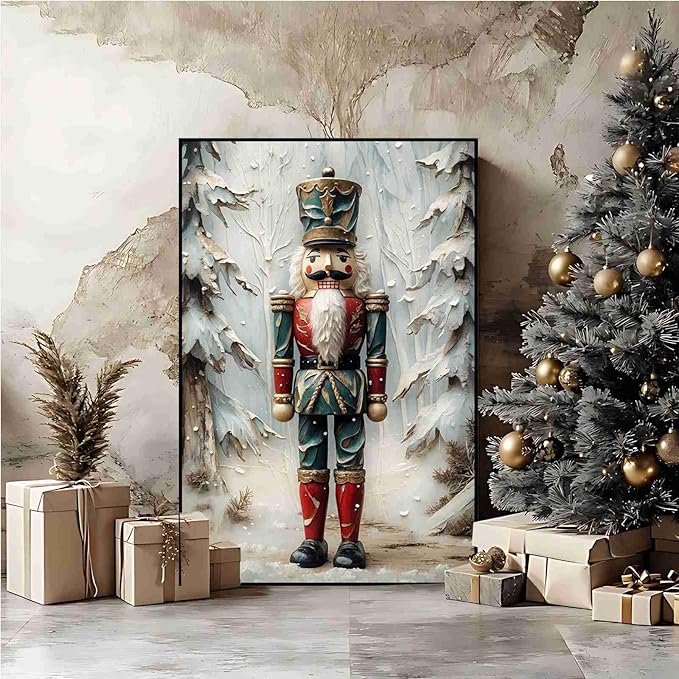 Nutcracker Christmas Art Print Vintage Holiday Decor Winter Nutcracker Wall Art Vintage Toy Soldier Print Festive Winter Poster Indoor Decor for Home Offices Living Room Bedroom Framed Ready to Hang