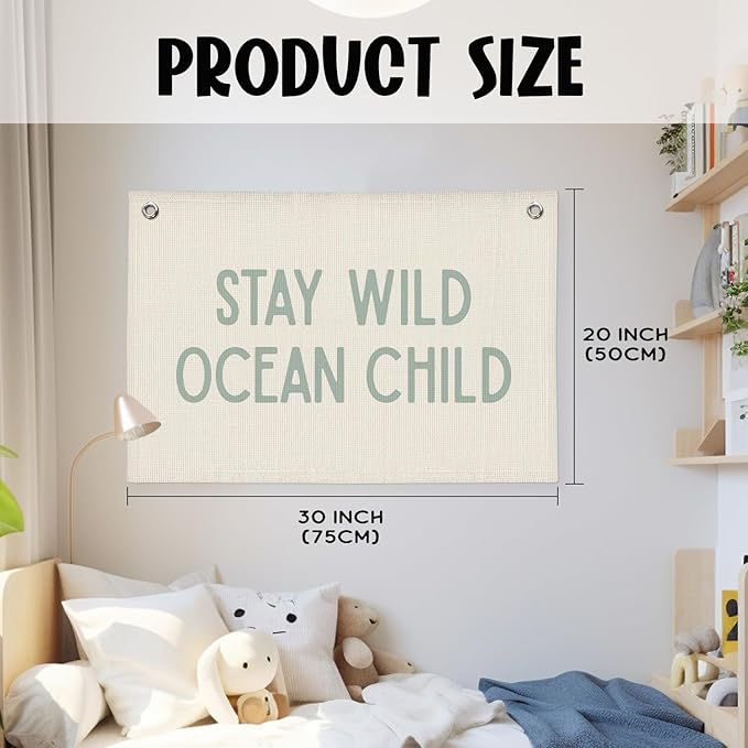 Nursery Wall Decor, Ocean Theme Classroom Decor, Ocean Nursery Decor, Stay Wild Ocean Child Linen Canvas Banner Wall Hanging Flag, Surf Decor, Surfer Girls Boys Room Decor 20x30