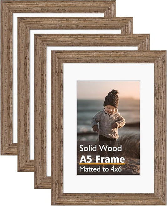 KINLINK A5 Picture Frame, Brown Wood Solid Wood Frames with Acrylic Plexiglass for Pictures 4x6 with Mat or A5 without Mat, Tabletop and Wall Mounting Display 4 Pack