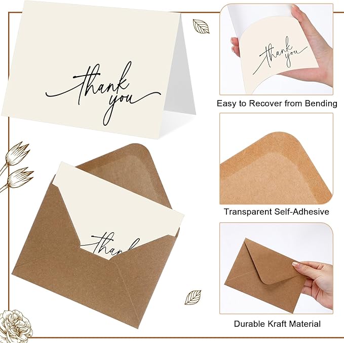 Gueevin 200 Pcs Thank You Cards with Kraft Envelopes and Stickers Bulk, 3.5 x 5 Inch Classy Blank Thank You Notes for Wedding, Business, Graduation, Baby Shower, Bridal Shower, Funeral(Cream)