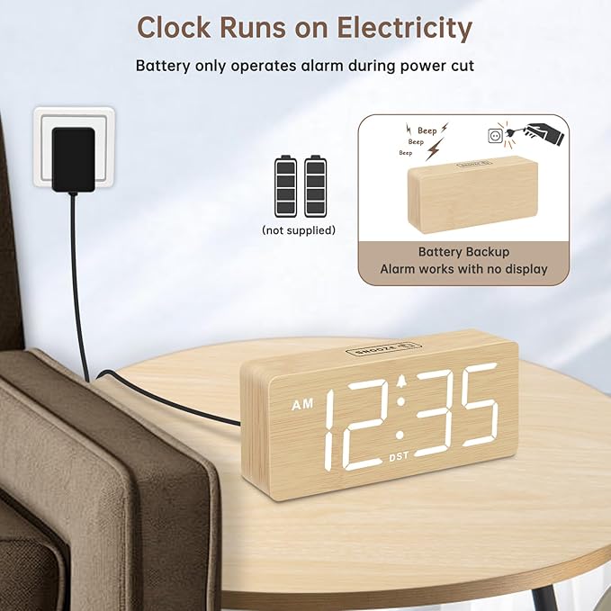 DreamSky Wooden Digital Alarm Clock for Bedroom - Desk Clocks for Living Room with Large Numbers, Dimmer, Loud Alarm for Heavy Sleepers with Volume Control, DST, Office Wood Decor (Plug in Clock)