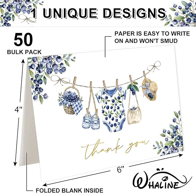Whaline 50 Pcs Baby Shower Thank You Cards Greeting Cards with Envelopes Stickers Gold Foil Blue Berry Plaid Baby Cloth Blank Note Cards for Birthday Party Supplies, 4 x 6 Inch
