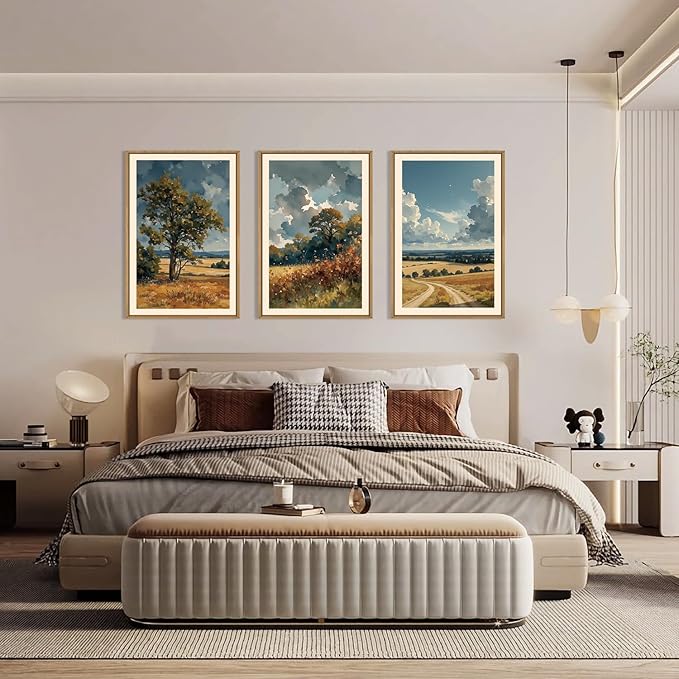 KAIRNE Farmhouse Landscape Wall Art Set of 3, Nature Country Scenery Art Prints, Blue Vintage Watercolor Wall Decor, Rustic Wilderness Paintings for Living Room, Bedroom, Office, 24x36 Inch