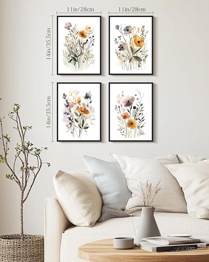 Drsoum Wildflower Bouquet Boho Framed Wall Art Wooded Minimalist Aesthetic Botanical Flower Prints Modern Plants Bathroom Kitchen Home Decor Ready to Hang 11x14inx4pcs (Black Framed)