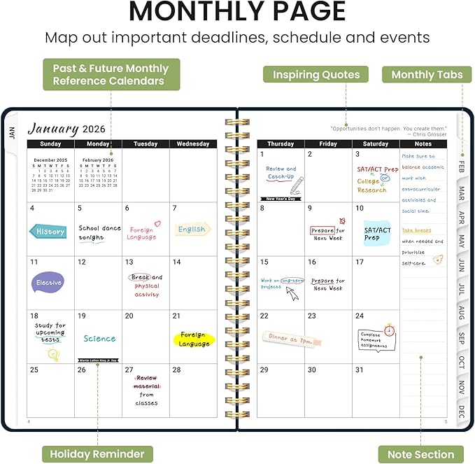 2026 Planner, Weekly and Monthly Calendar Planner for Women, Jan 2026 - Dec 2026, Hardcover Planning Agenda book with Tabs, Spiral Bound, Inner Pocket, Perfect for School Office Supplies, 6.3" x 8.5" - Floral Dream