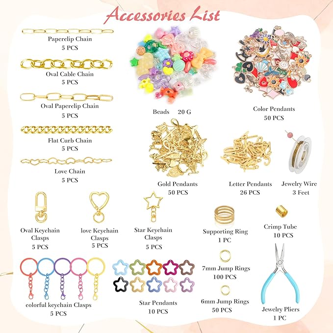 Ecoofor Keychain Making Kit 354pcs - Bag Charm Kit with 136 Charms, 25 Extender Chains, 20 Keychain Clips, Beading Accessories ＆ Jewelry Pliers - DIY Crafting and Jewelry Making for Adults & Kids