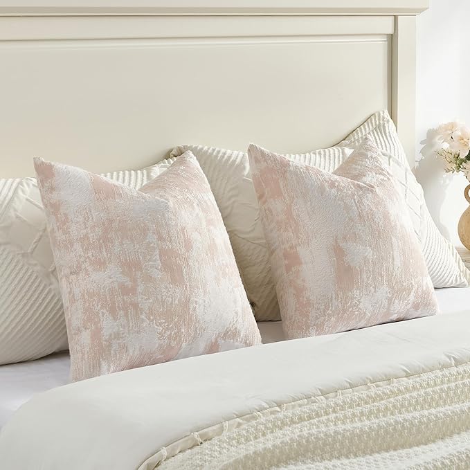 FUTEI Pink White Decorative Throw Pillow Covers 26x26 Inch Set of 2,Jacquard Weave Euro Pillow Shams in Soft Faux Cashmere,Modern Home Decor for Couch Living Room
