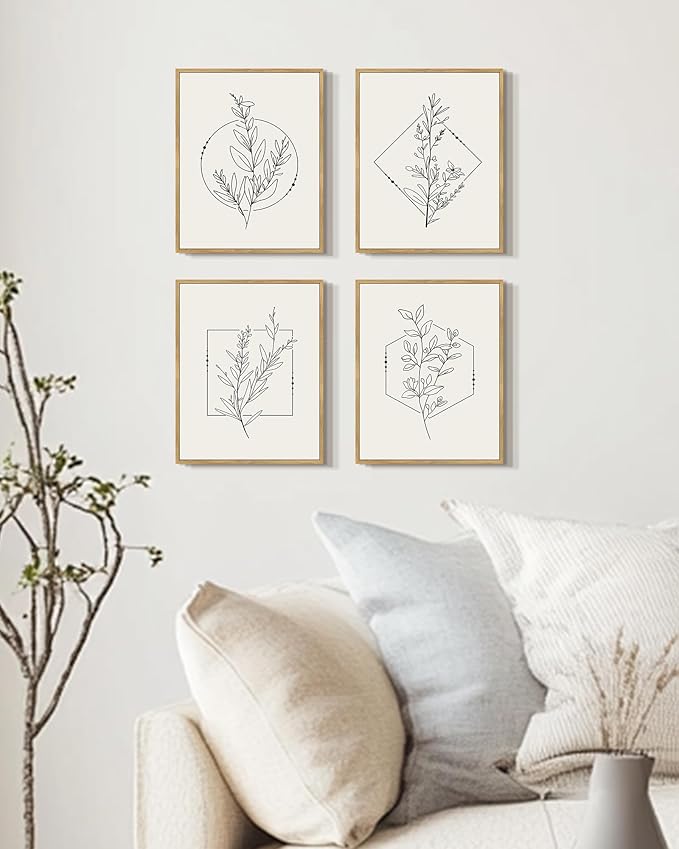 Drsoum Botanical Flower Boho Framed Wall Art Wooded Minimalist Aesthetic Floral Prints Farmhouse Retro Plants Rustic Bathroom Kitchen Home Decor Ready to Hang 8x10inx4pcs (Natural Framed)