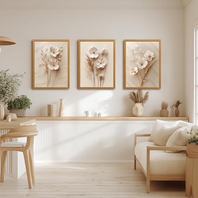 HLXRAE Minimalist Beige Floral Canvas Wall Art, Neutral Farmhouse Wall Decor, Wood Framed Vintage Botanical Poster Prints, Modern Flower Aesthetic Pictures for Bathroom Living Room Bedroom 12"x16"x3