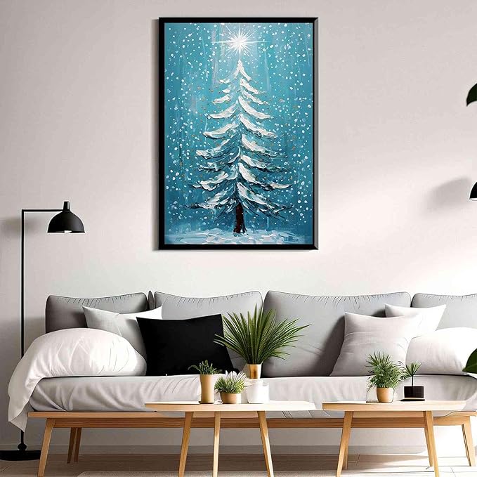 Framed Canvas Wall Art Blue Christmas Tree Print Merry Christmas Wall Decor Holiday Nature Gift Holiday Poster 16x24in Metal blackFramed