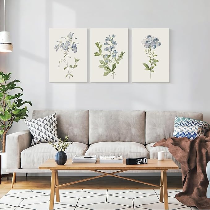 3 Pcs Framed Blue Botanical Canvas Wall Art Vintage Floral Plant Print Posters Rustic Farmhouse Minimalist Flower Decor for Living Room Bedroom 16x24 inch Ready to Hang