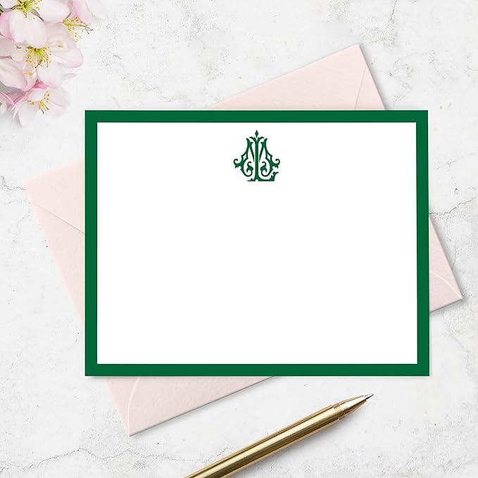 Chic Interlocking 2 Letter Monogram Note Card and Envelope Stationery Set, Classic Monogrammed Personalized Stationary in Choice of Set Size and Colors (Monogram with Solid Color Border)