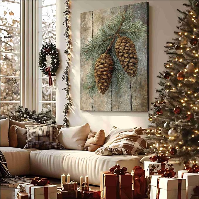 Vintage Christmas Canvas Painting Botanical Wall Art Nature Print Forest Decor Rustic Woodland Poste Holiday Evergreen Art Country Landscape Indoor Decor for Office Living Room Framed Ready to Hang