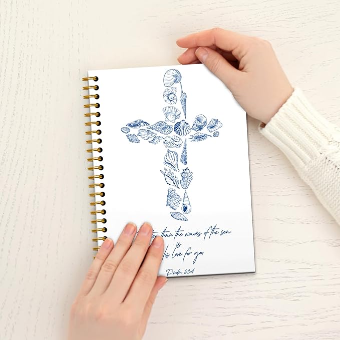 Retro Blue Seashell Cross Christian Notebook, Psalm 93:4 Bible Verse Journal, Prayer Journal for Women Men, Church Notes Notebook, Beach Ocean Hardcover Spiral Notebooks, 5.5x8.3 Inch