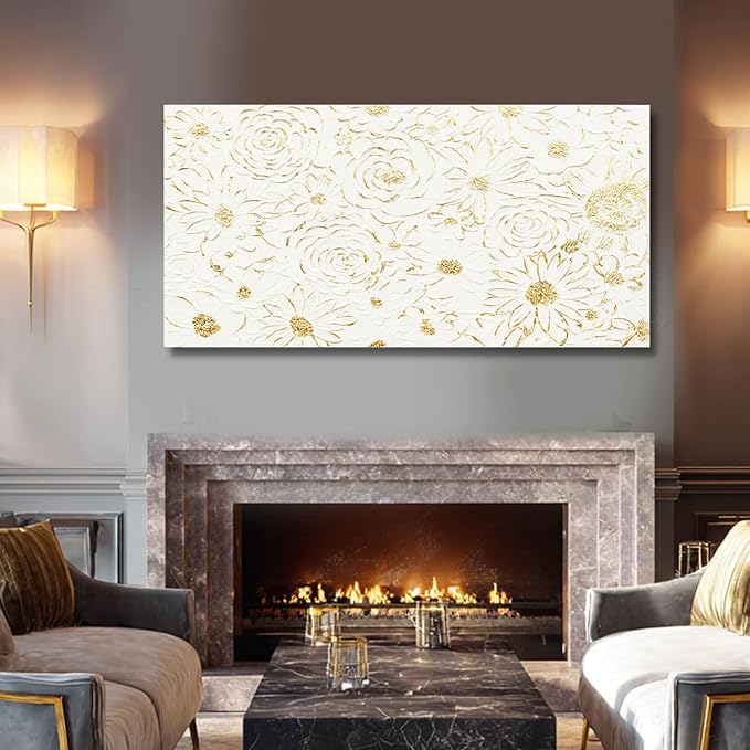 YJYart Floral Wall Decor White and Gold Decorations Simple Wall Art 24"x48" Office Wall Pictures Oil Paintings for Bedroom