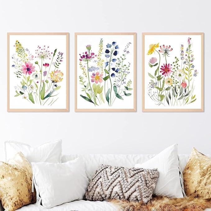 Colorful Wildflower Botanical Canvas Wall Art,Watercolor Flowers Art Poster, Floral Pictures Wall Decor,(8"x10"x3 pcs, Unframed). Painting Artsy Room Decorations for Bedroom Bathroom