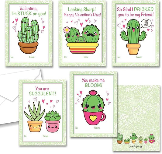 Paper Frenzy Succulent Themed Valentines - 25 pack WITH ENVELOPES