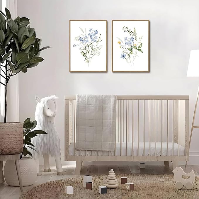 YOYIAXT 2 Pieces Watercolor Botanical Canvas Wall Art For Bedroom Blue Floral Framed Wall Art Minimalist Neutral Flower Art Prints Artwork For Living Room Office, 16x24 in