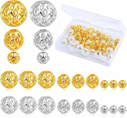 1 Box 60pcs 3 Sizes 18K Golden Silver Plated Round Hollow Spacer Beads Brass Filigree Hollow Out Ball Beads Accessories for DIY Bracelet Necklace Earrings Jewelry Making
