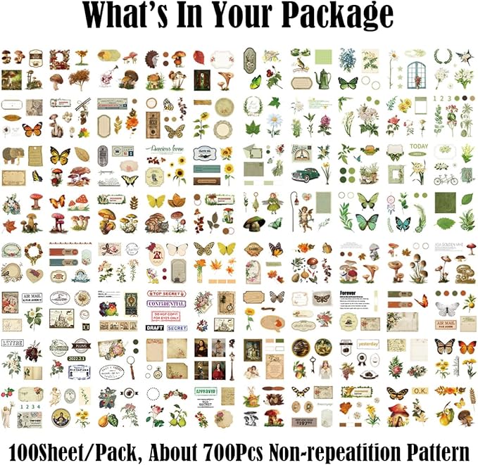 700Pcs/100Sheets Vintage Nature Stickers for Junk Journal Supplies, Retro Flower Butterfly Plant Decorative Stickers, DIY Crafts Phone Cases Laptops Calendars Notebook (Forest Adventure)