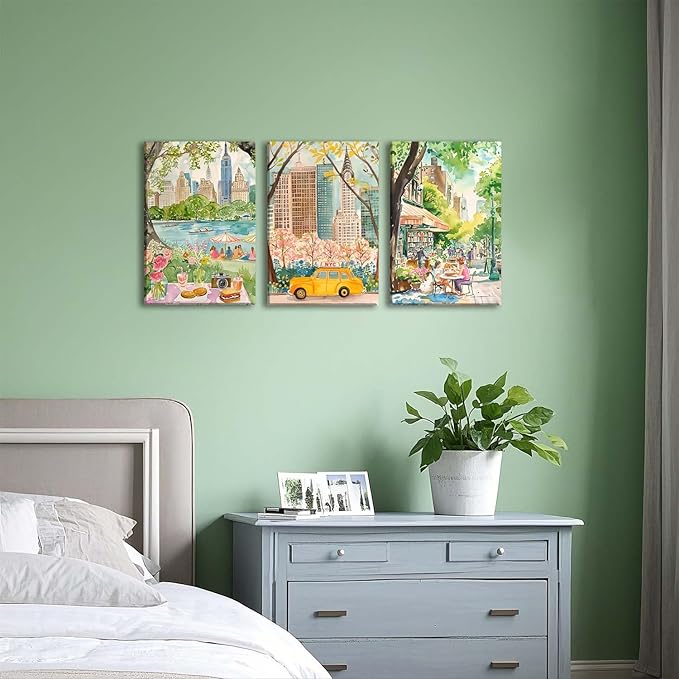 XLARTMY New York City Poster Travel Wall Art Canvas Framed Watercolor NYC Central Park Landmarks Artwork Decor Painting Prints Pictures Set of 3 for Bedroom Living Room Bathroom Office 16x24in