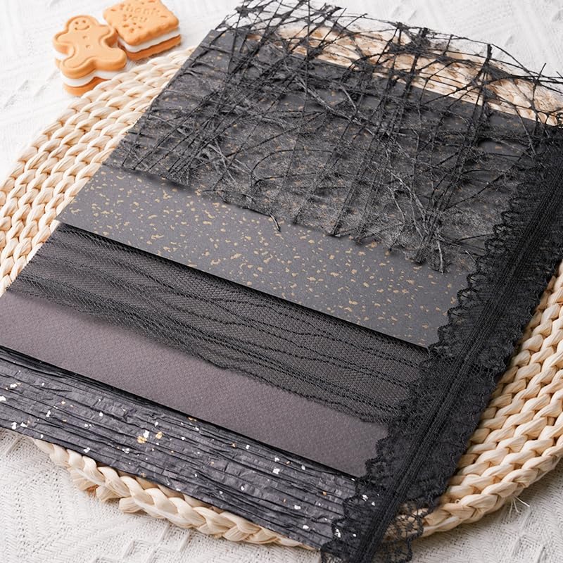 15Pcs Handmade Scrapbook Art Paper Craft Textured Paper Colorful A5 sheet Mesh Special Mix for Scrapbooking Junk Journal Journaling Supplies DIY Materials,5.8x8.2 inches (Black) - Image 3