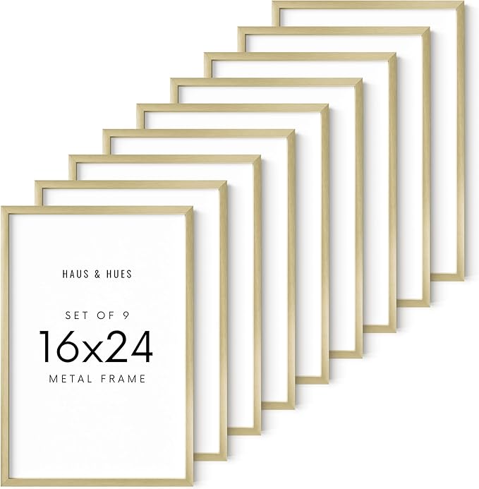 HAUS AND HUES 16x24 Gold Metal Picture Frames - Premium Aluminum with Vertical & Horizontal Hanging, Shatterproof Plexiglass - Perfect for Home, Office (16x24 in, Gold, Set of 9)
