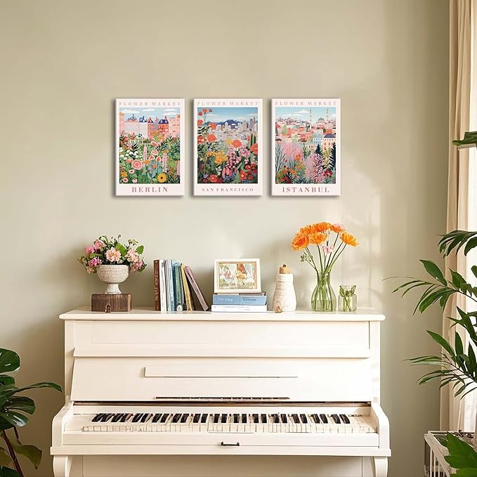 XLARTMY Flower Market Wall Art Prints Canvas Orange and Pink Floral Paintings Colorful Botanical Travel Flower Posters for Home Decor Pictures Set of 3 for Living Room Bedroom 12x16in