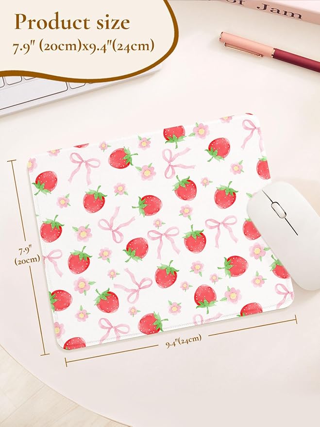 Cute Pink Mouse Pad,Waterproof Aesthetics Bowsknot Mouse Pads Design, Non-Slip Rubber Base Computer Simple Funny Mousepad,Small Mouse Mat Desk Accessories Office Supplies,Red Strawberry Bow