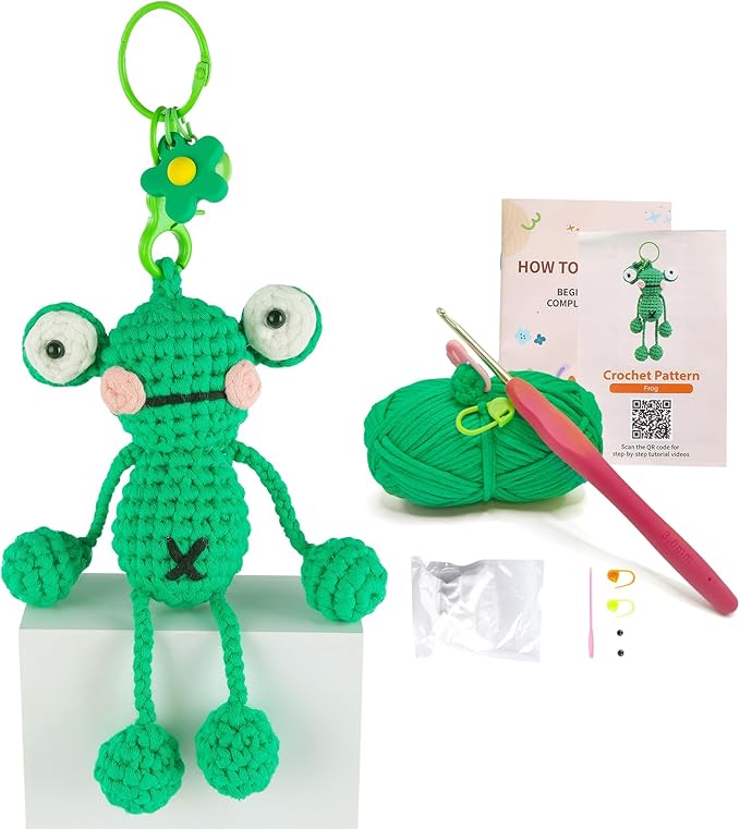 minimal beee Beginner Crochet Kit for Frog Keychain- Complete DIY Animal Craft Set with Easy Peasy Yarn and Step-by-Step Video Tutorial.Gift Hobby for Adults