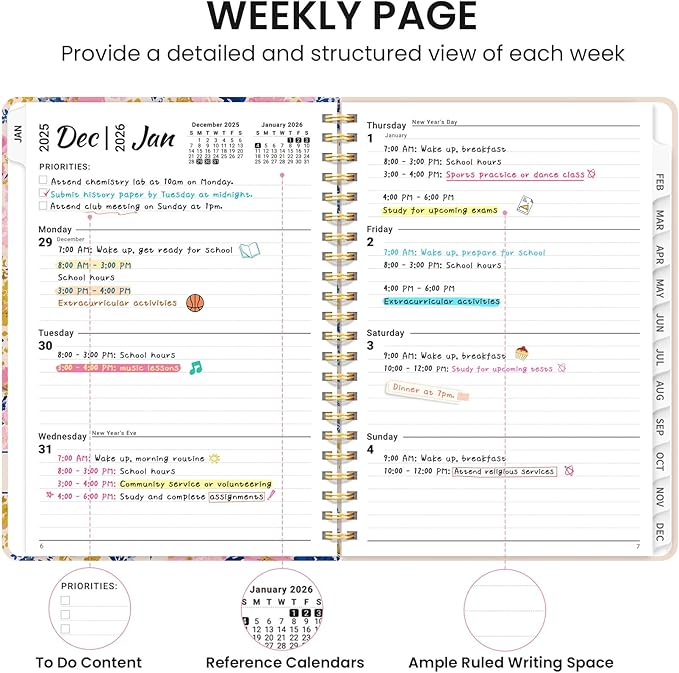2026 Planner, Weekly and Monthly Calendar Planner for Women, Jan 2026 - Dec 2026, Hardcover Planning Agenda book with Tabs, Spiral Bound, Inner Pocket, Perfect for School Office Supplies, 6.3" x 8.5" - Blooming Meadow
