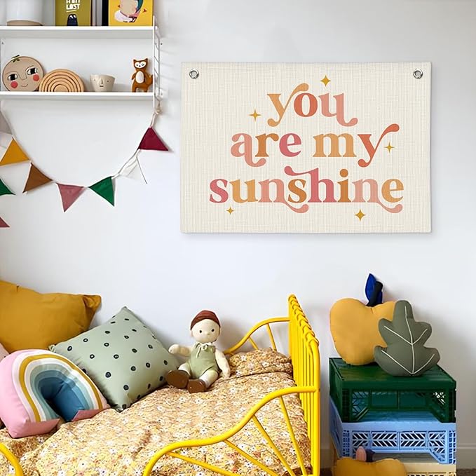 Girls Room Decor, Baby Girl Nursery Baby Shower Decor Gift, You are My Sunshine Linen Canvas Banner, Pink Boho Wall Hanging Banner Flag 20x30 Inch