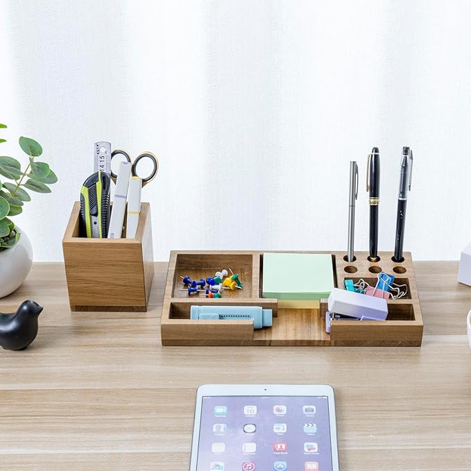 MyGift Acacia Solid Wood Desktop Stationery Holder - Sticky Note & Office Supplies Storage Tray - Organizing Desk Organizer for Office, Home, and Workspaces