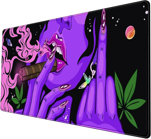 Anime Neon Mouse Pad Cool Girl-31.5x15.7in-Funny Hippie Hippy Desk Mat Trippy Purple Pink Black Art -Gaming Desktop-Desk Protector-for Women Home Office Working