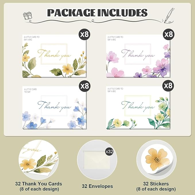 32 Floral Thank You Cards with Envelopes, Sealing Stickers, 4x6 Blank Cards with 4 Unique Designs, 300gsm Note Cards Premium Cardstock, Bulk Cards for Wedding, Graduation, Baby Shower