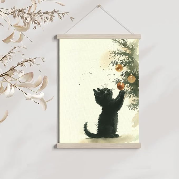 bitCNY Black Cat Kitten Christmas Wall Art – 12x16 Inch Cat and Tree Ornament Canvas, Holiday Pet Poster for Winter Home Décor